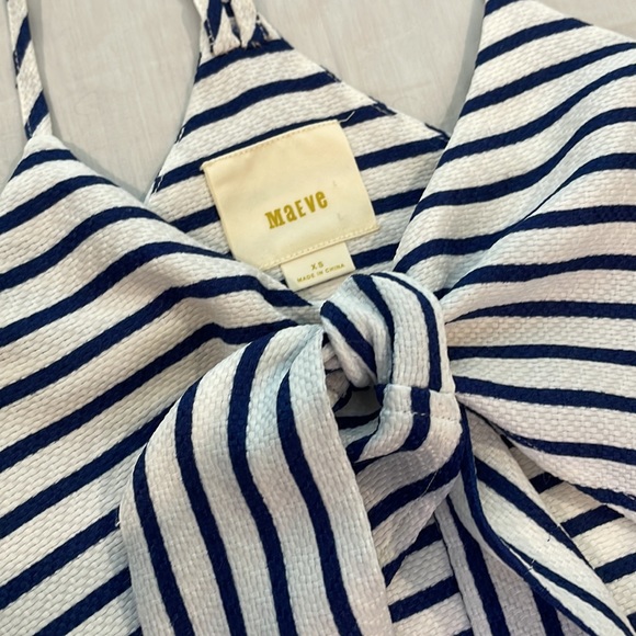 Anthropologie Maeve Ahoy Nautical Navy White Striped Mini Dress Bow Tie X-Small - Picture 2 of 6